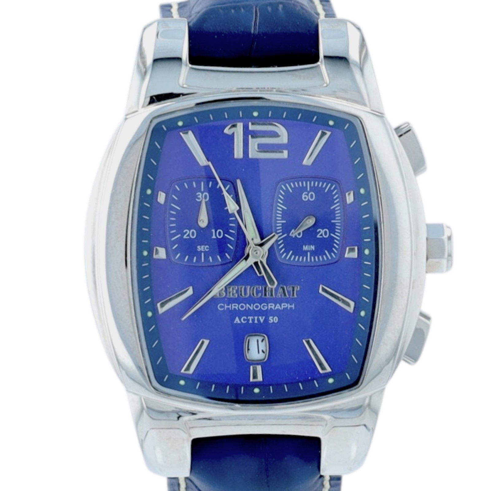 Beuchat Activ 50 Mens Chronograph Watch Blue Dial Swiss Steel 200M Date Quartz