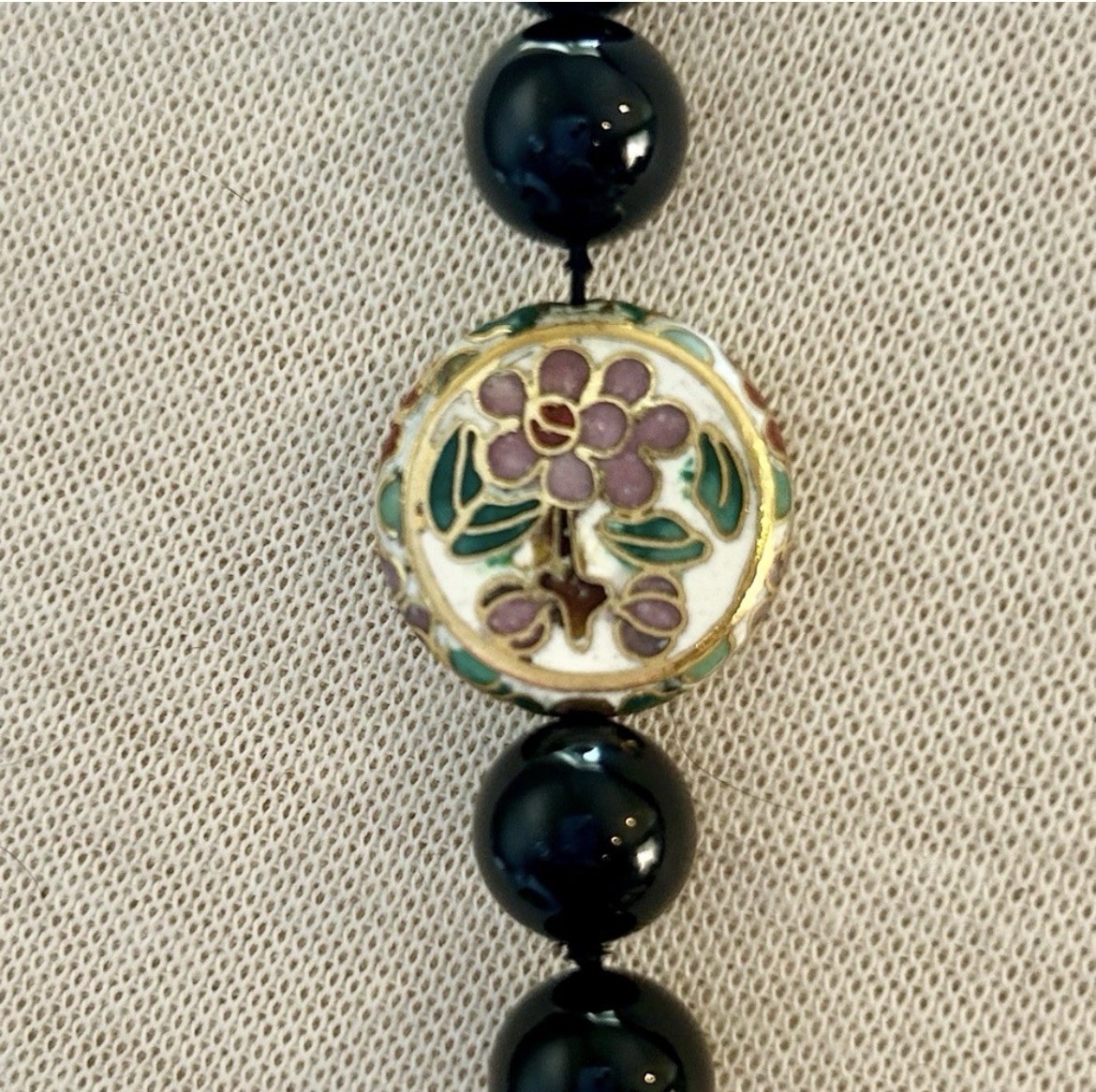 Vintage Onyx and Cloisonné Beaded Necklace Gatsby Victorian Art Deco