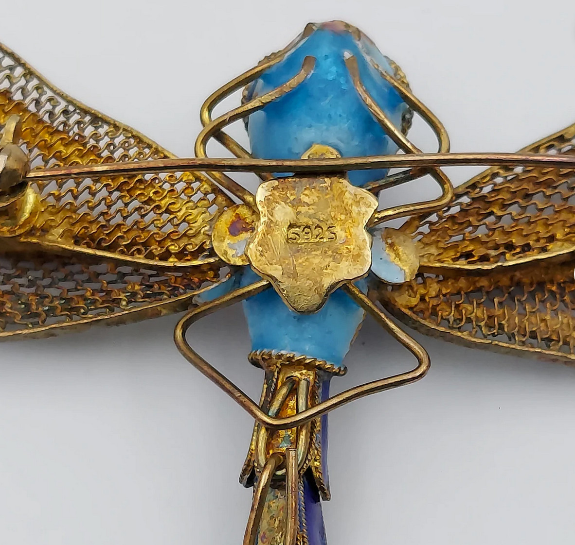 Vtg Chinese Export Silver Filigree Enamel Dragonfly Brooch Pin Turquoise Eyes
