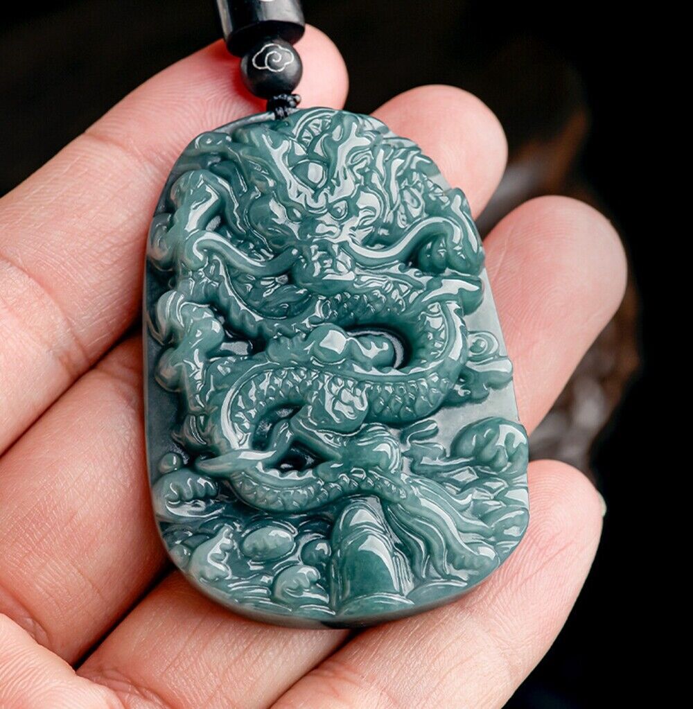 Certified Natural Ice Green Burma A Jade jadeite Dragon Lucky Pendant Necklace