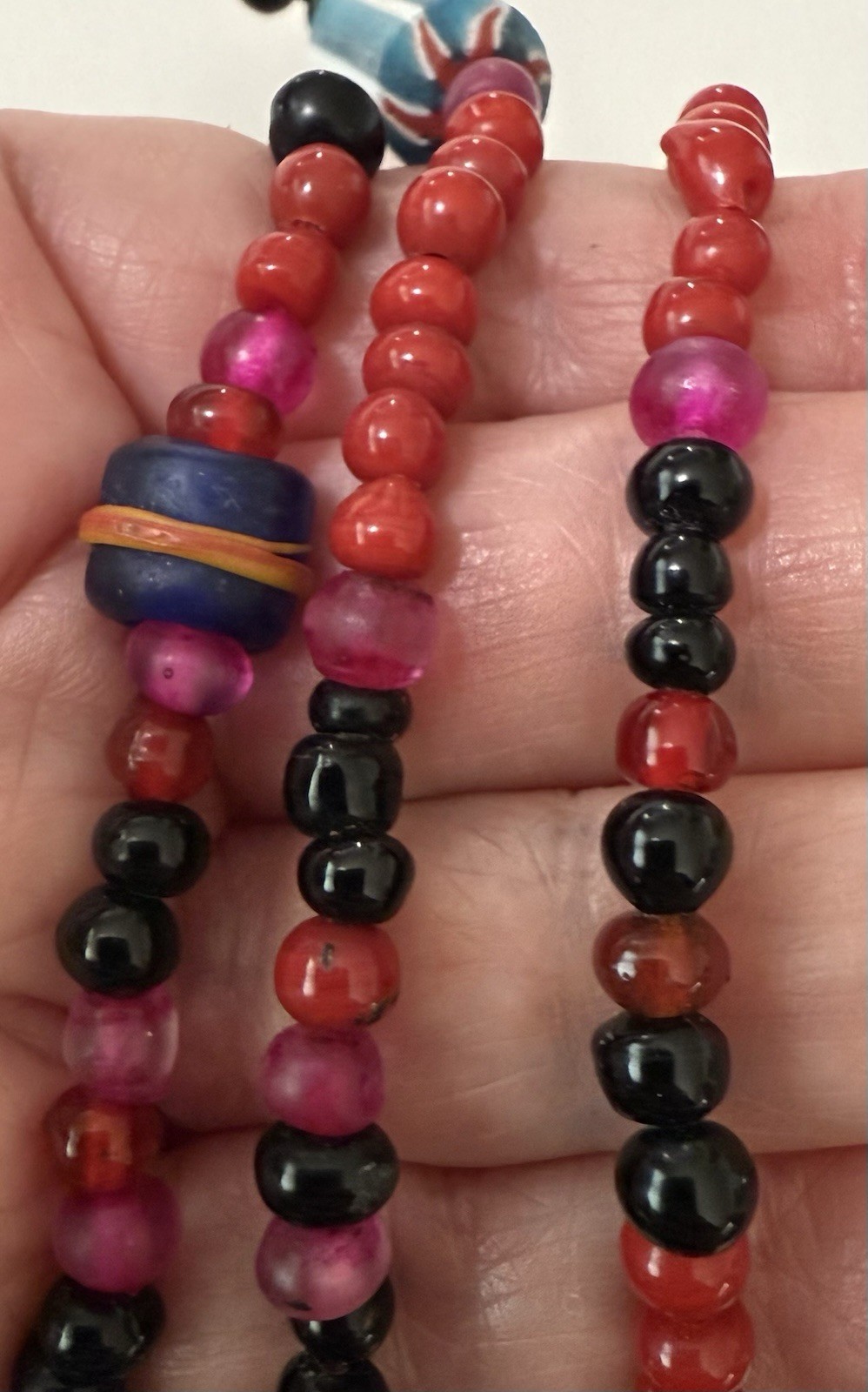 Art Glass Statement Necklace Red, Black & Multicolor Millefiori-Style Beads 50”