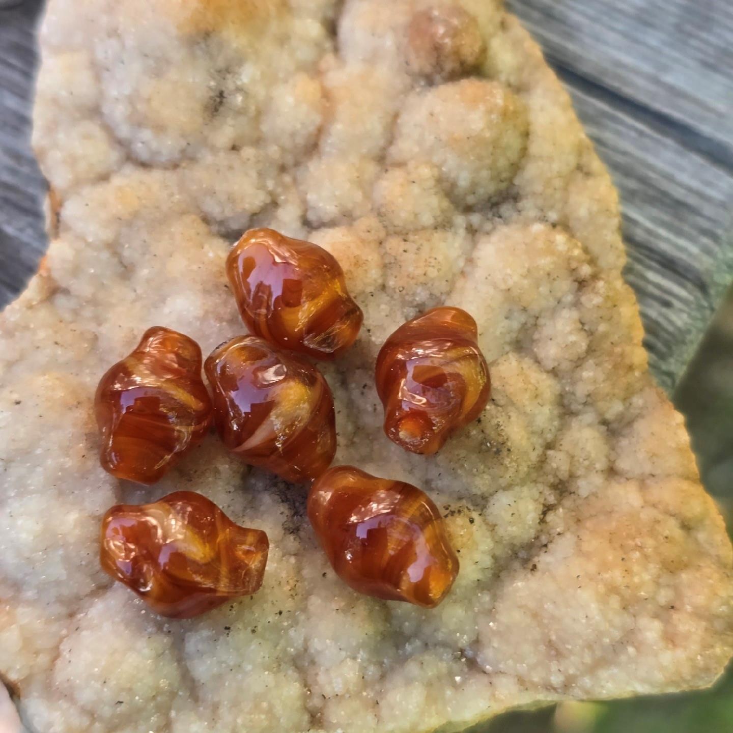 6 Vintage Handmade Lampwork Glass Beads Swirl Caramel Amber Brown Artisan