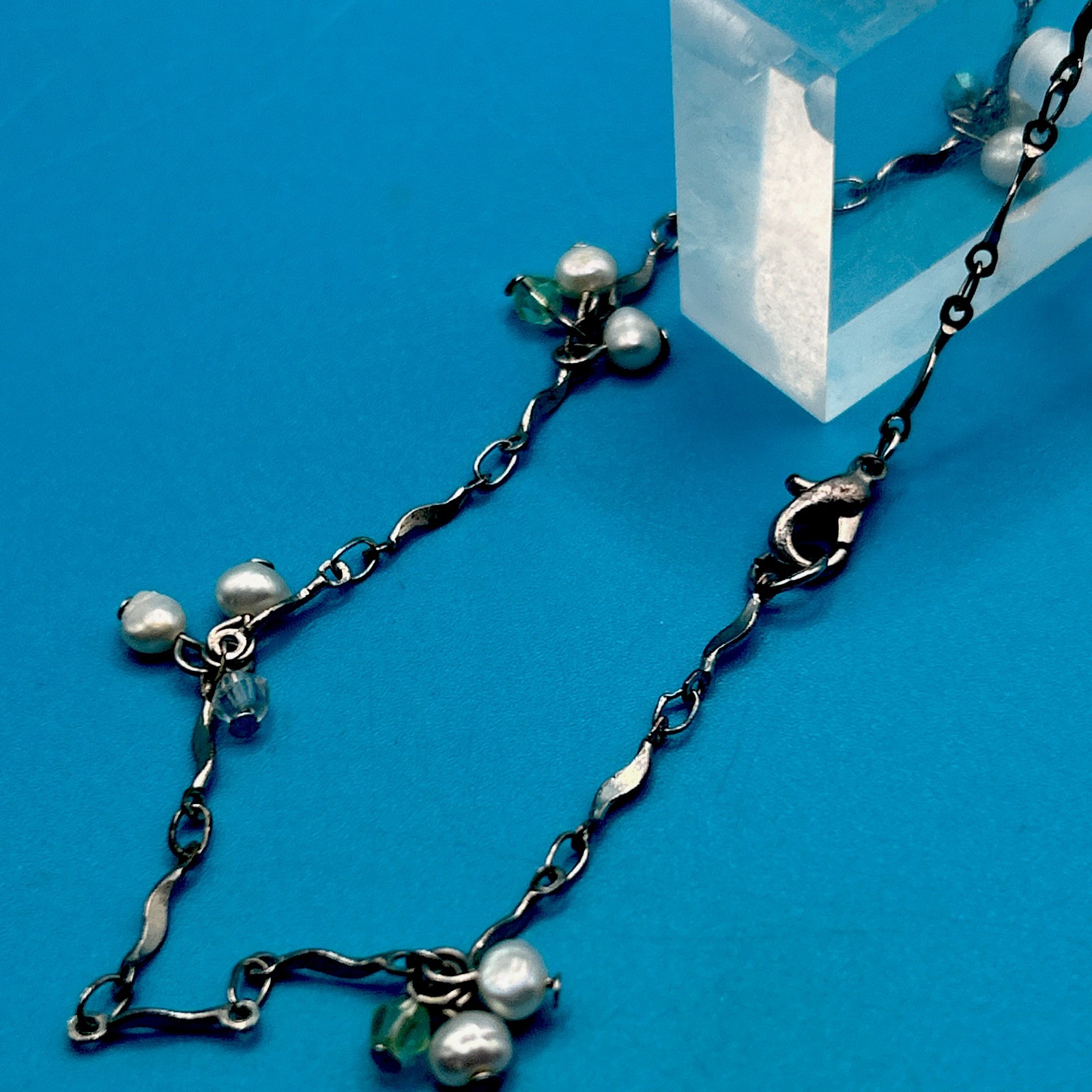 Vintage Silvertone Fresh WaterPearl Dangle Anklet Wave Chain 9.5 Inches