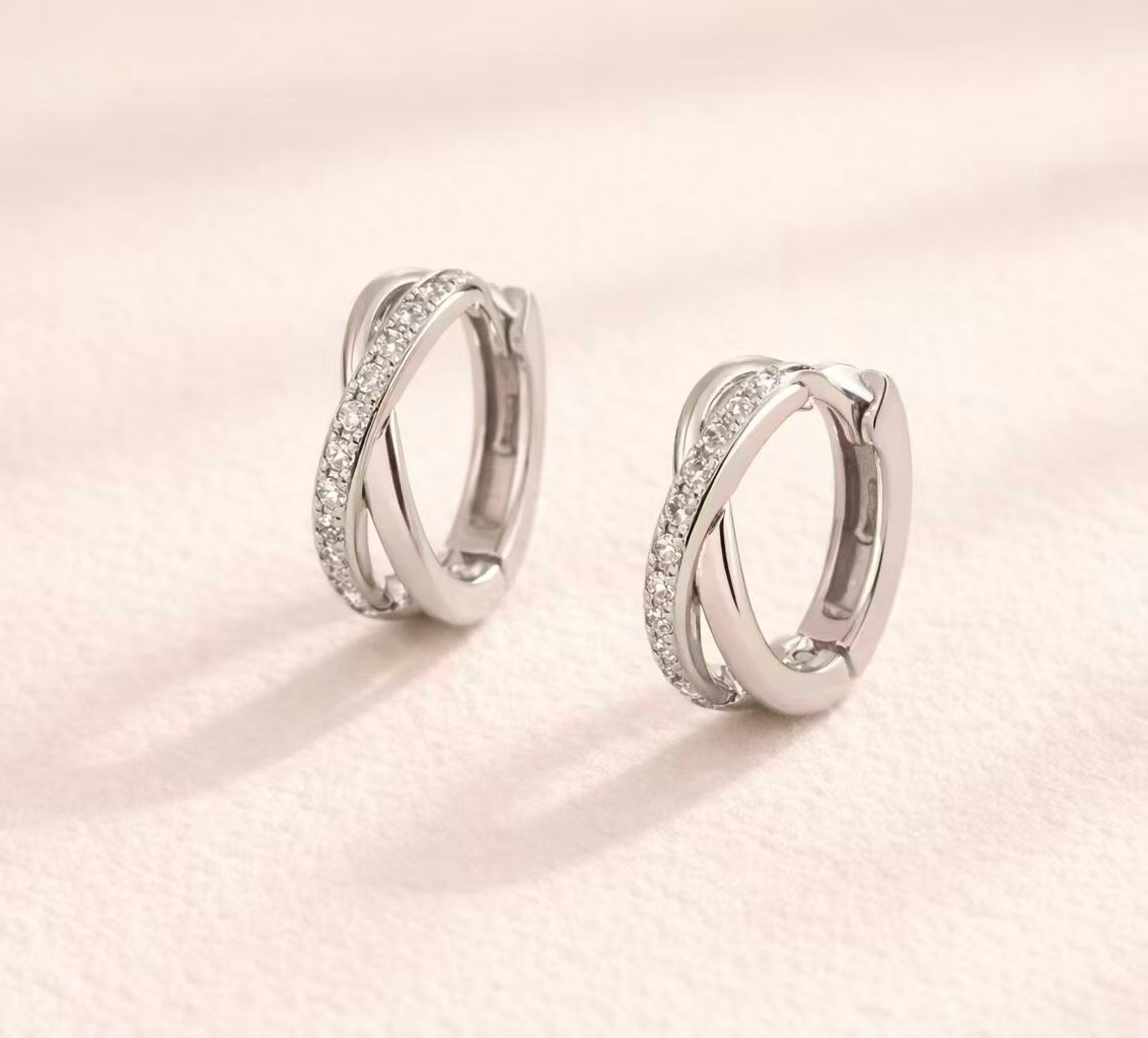 925 Silver Twisted CZ Crossover Hoop Earrings Criss Cross Huggie Earrings 129
