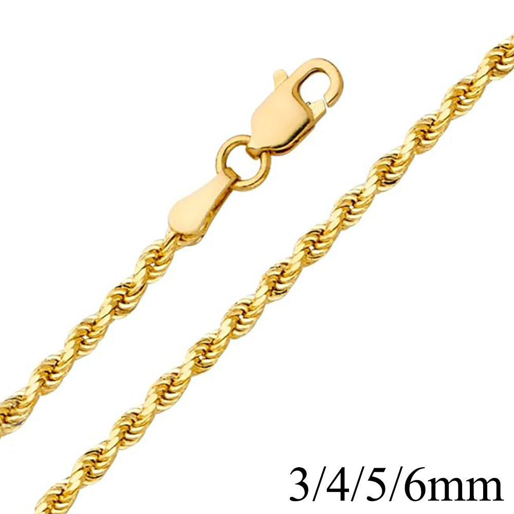 14K Solid Yellow Gold 1.55-6.05mm Rope Chain Necklace with Lobster Claw Clasp