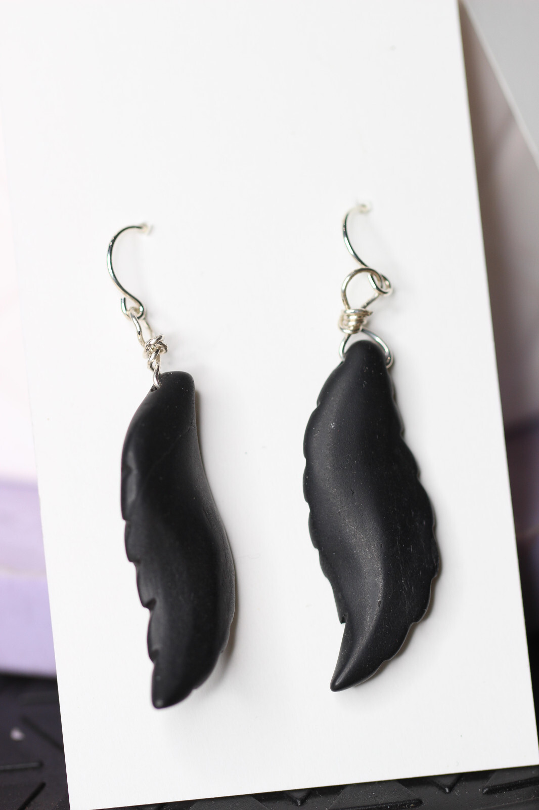 Graphite Black Leaf Carved Gemstone 925 Sterling Silver Wrapped Earrings 2 1/8″