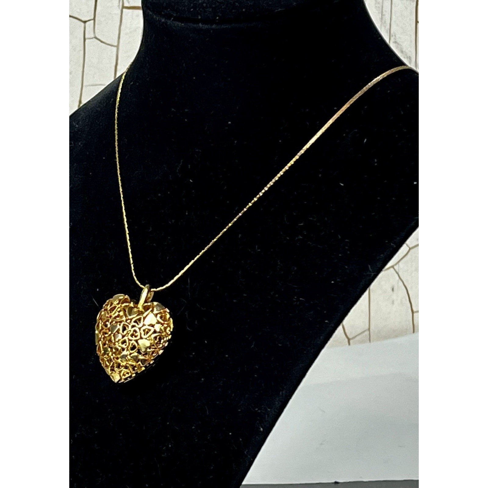 Puffy 14K Yellow Gold Plated Filigree Heart Pendant on 12K GF Chain Necklace