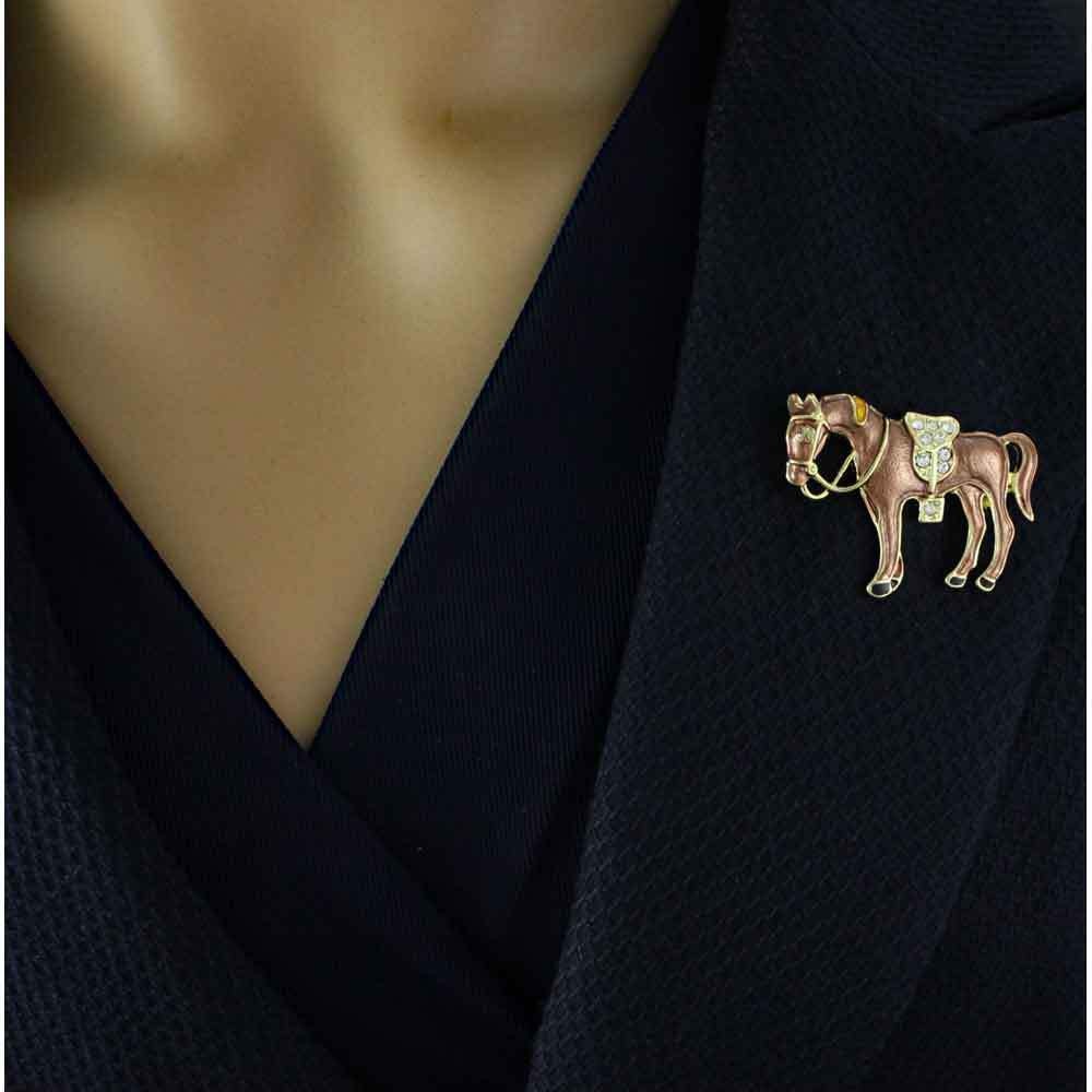 Brown Enamel Horse with Crystal Saddle Brooch Pin – PRA418D