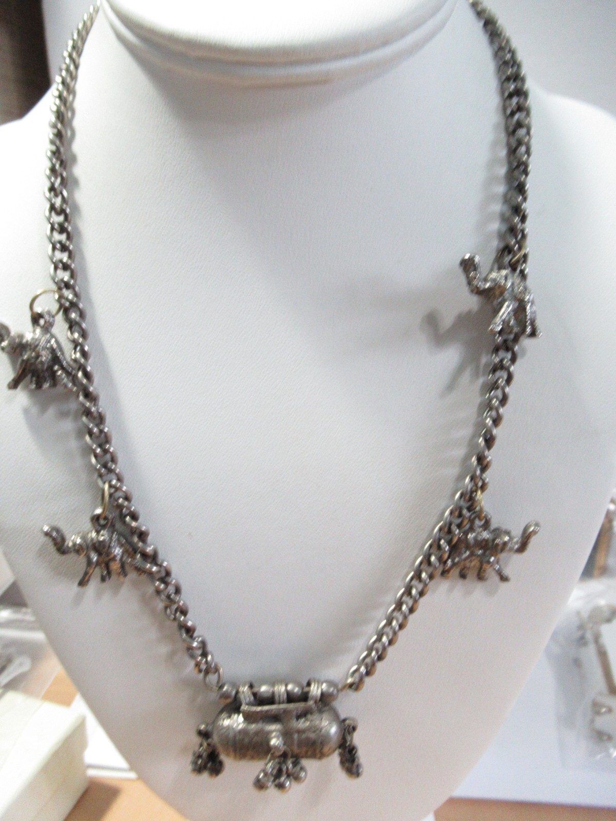 Dark Silver Tone Metal Elephant Charms and Centerpiece Middle Eastern Necklace