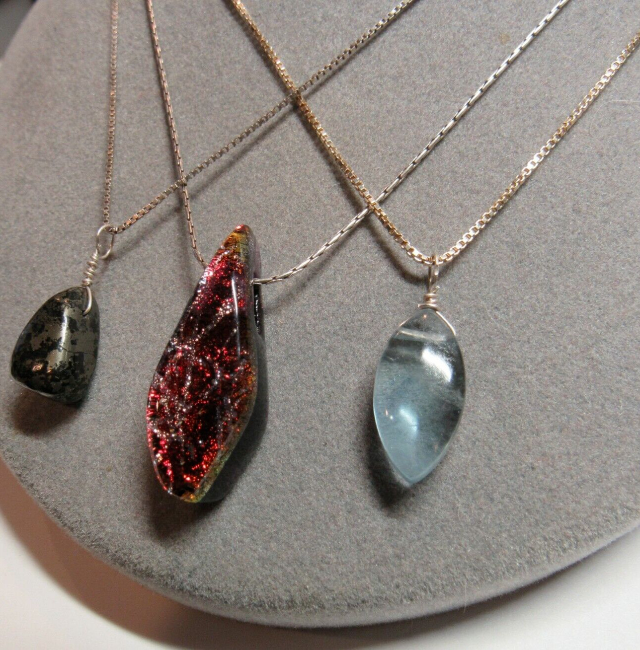 3 PC Pendant Necklace Lot Sterling 925 Silver Fluorite Pyrite Stone Glass 17.0g