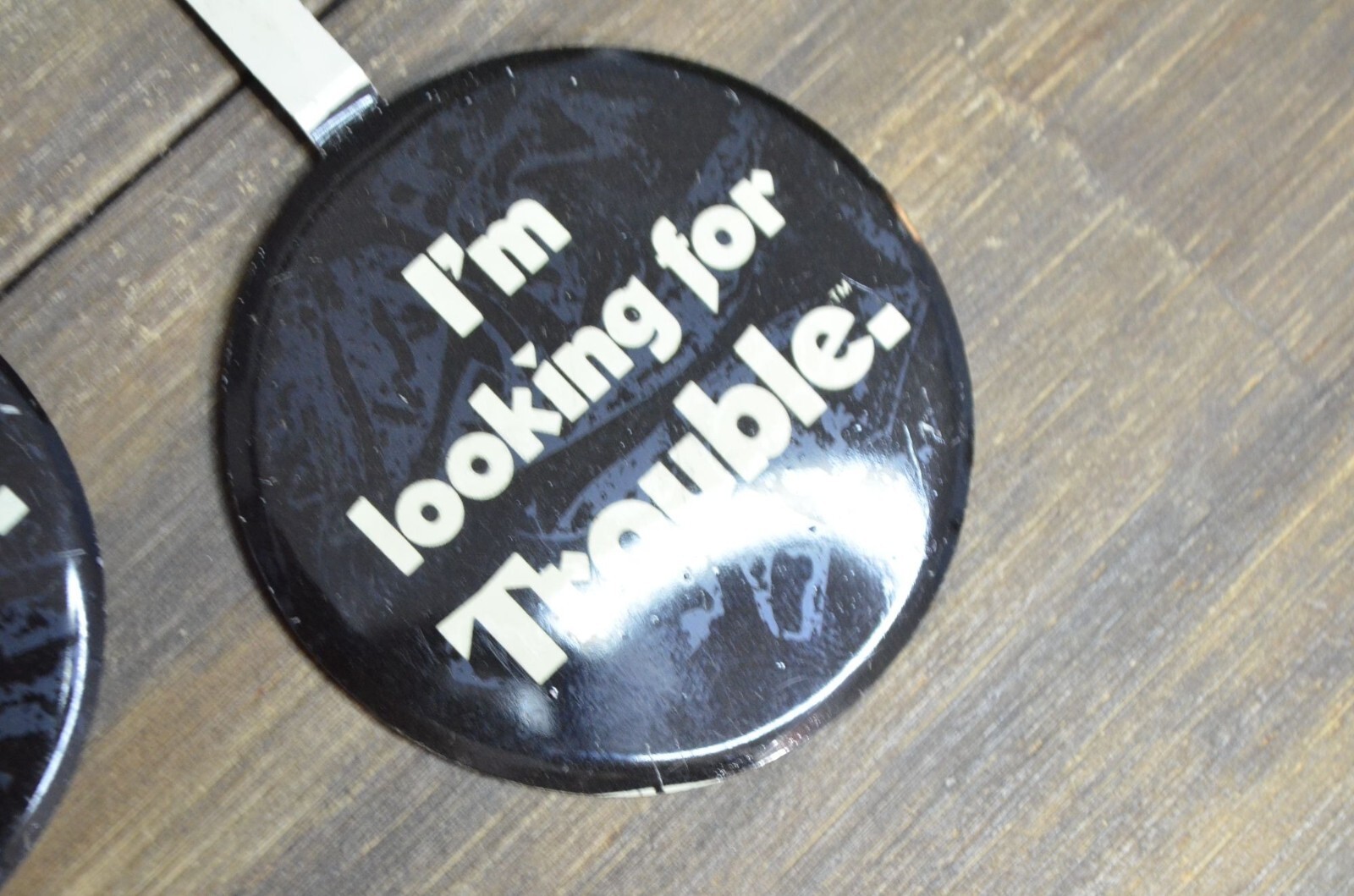 Looking For Trouble Tin Pin Lot of 2 Vintage Black Off-White Folding