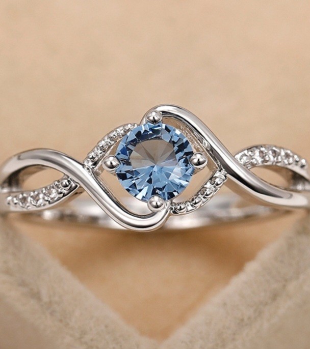Silver-Plated Copper Blue Round CZ White/Colorless Inlay Ring Size 7