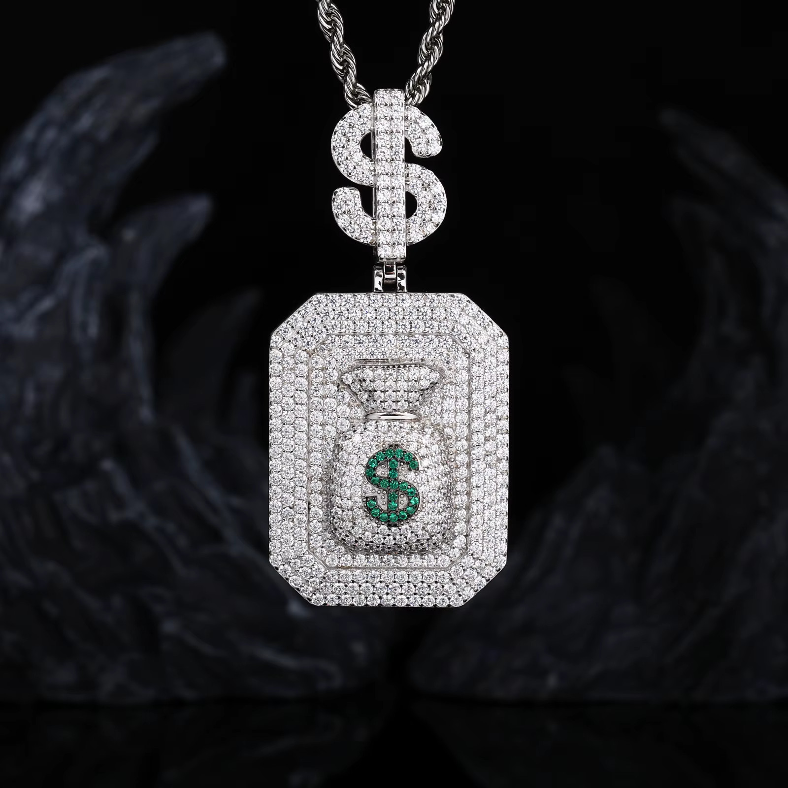 925 S Silver VVS Moissanite Money Bag Pendant Iced Out 14k White Gold Plated