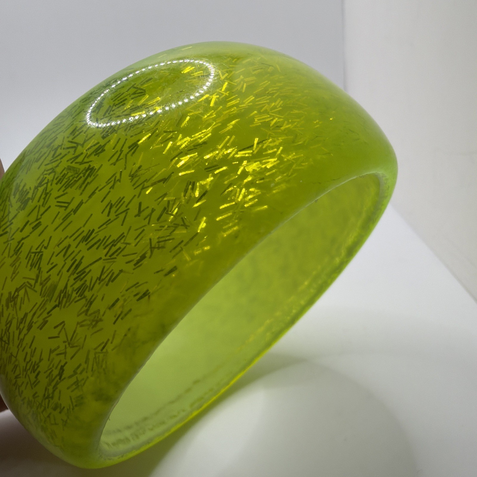 Chunky Neon Lime Green Plastic Bangle Bracelet Wide Domed Confetti Glitter MCM