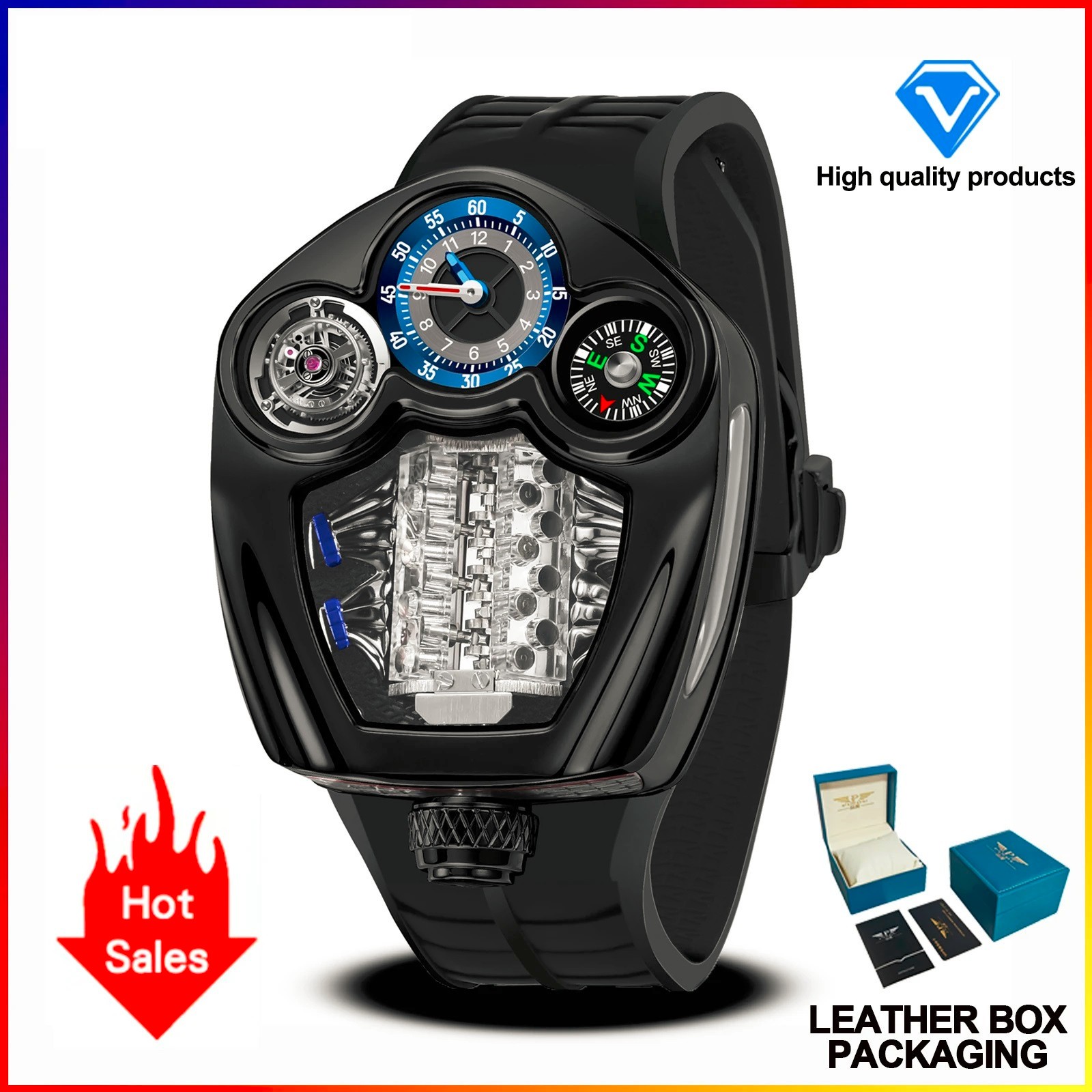 Design NEW Engine Series Quartz Watch Men TOP-luxurious Stainless steel Compass