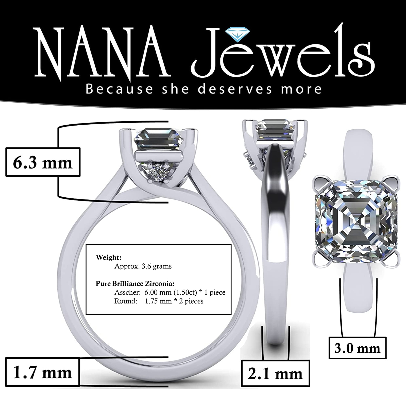 NANA Sterling Silver Asscher Cut Lucita Solitaire Engagement Wedding Ring