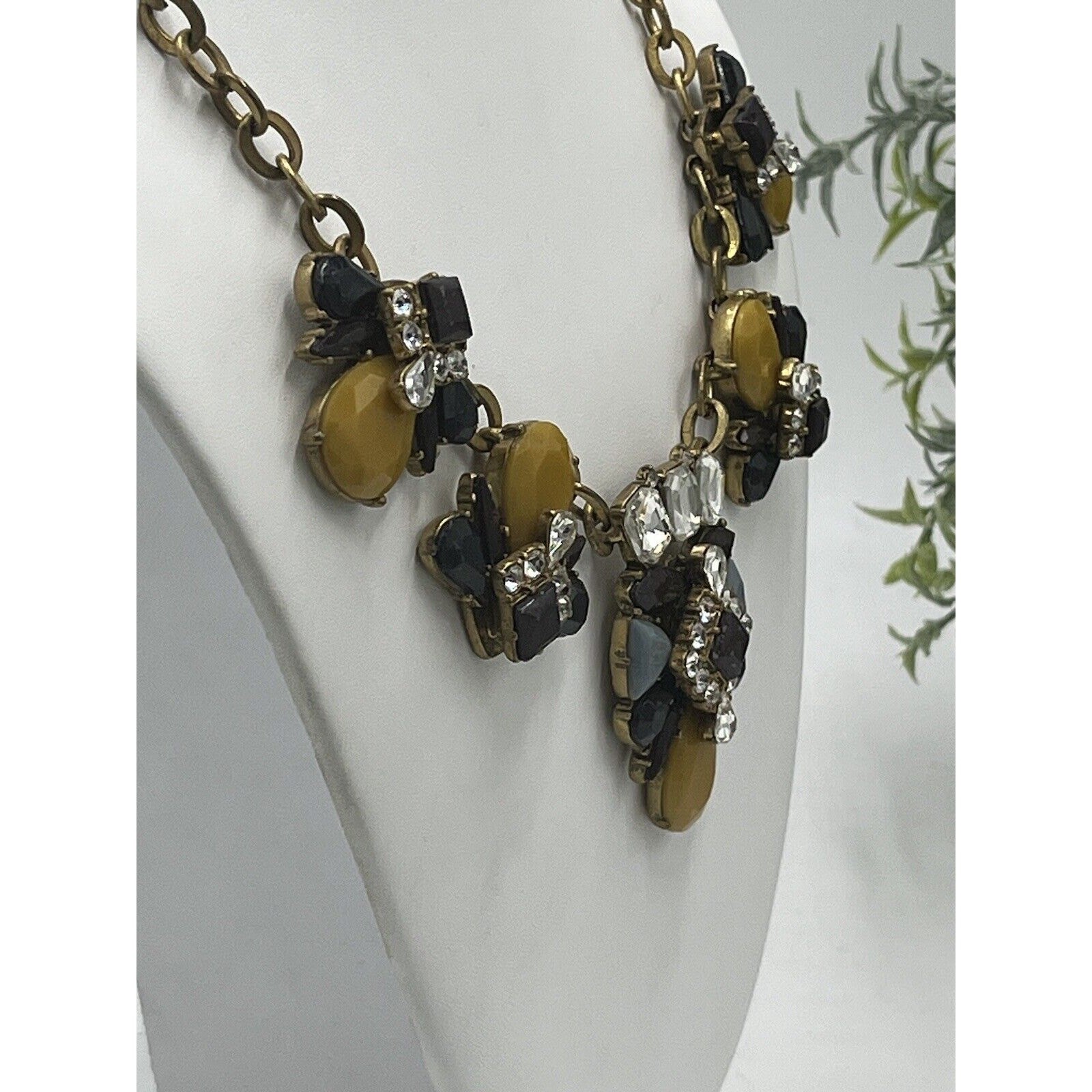 J. Crew Mustard Yellow Blue Eggplant Antique Gold Rhinestone Statement Necklace