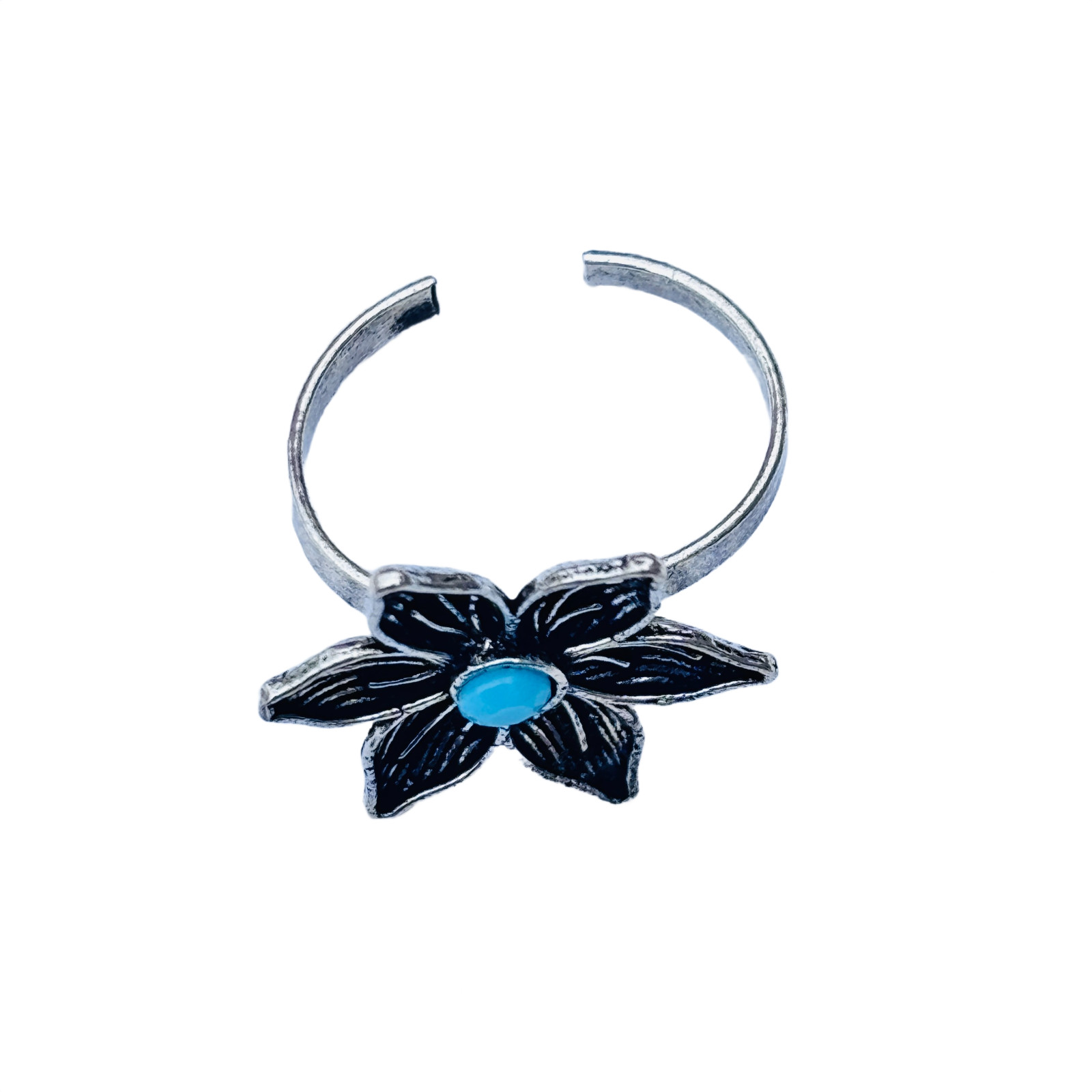 Floral Adjustable Vintage Boho Ring Oxidized Silver Tone Open Band Jewelry