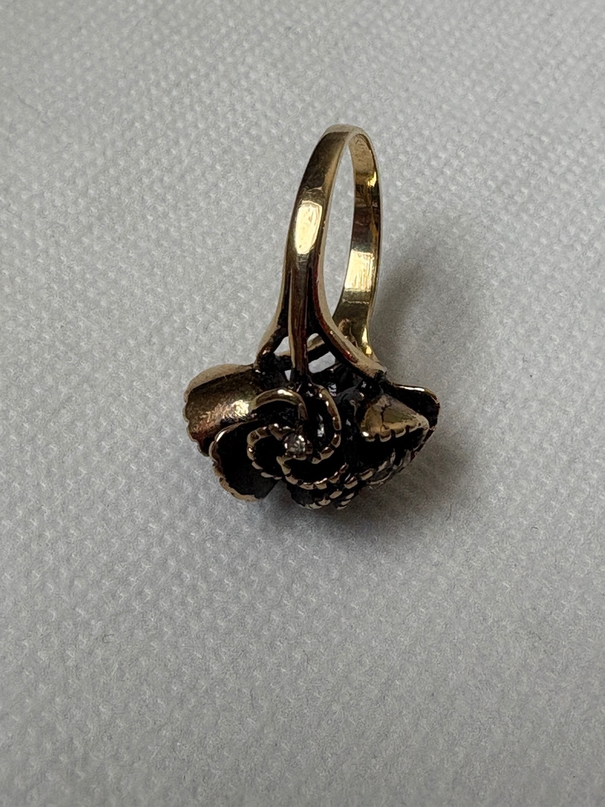 Vintage Gold-Tone Swirling Ring with Black Enamel and Clear Rhinestones, Gift-Ed