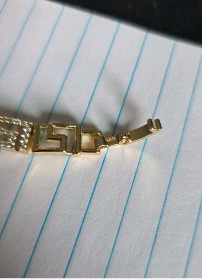 14k Gold Plated Greek Key Geometric Link Chain Bracelet, Metal, Fold-Over Clasp