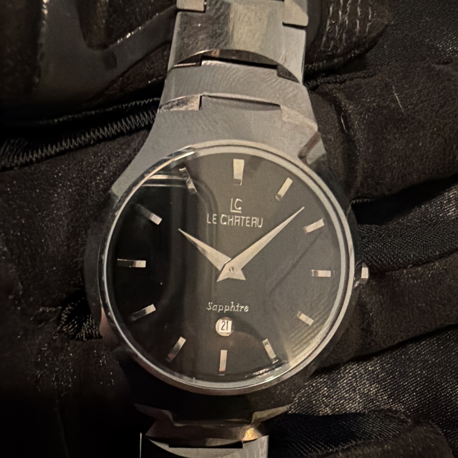 Le Chateau 3686M Men’s ALL TUNGSTEN Watch Sapphire Crystal Black Dial Date