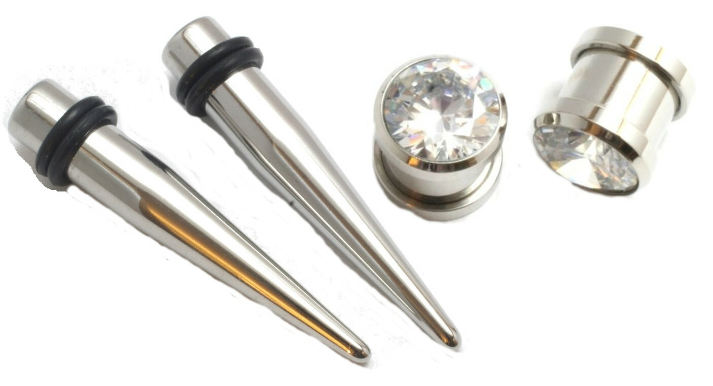 Pair Stainless Steel Tapers and Screw On CZ gem Plugs Ear Stretching Kit Gauges
