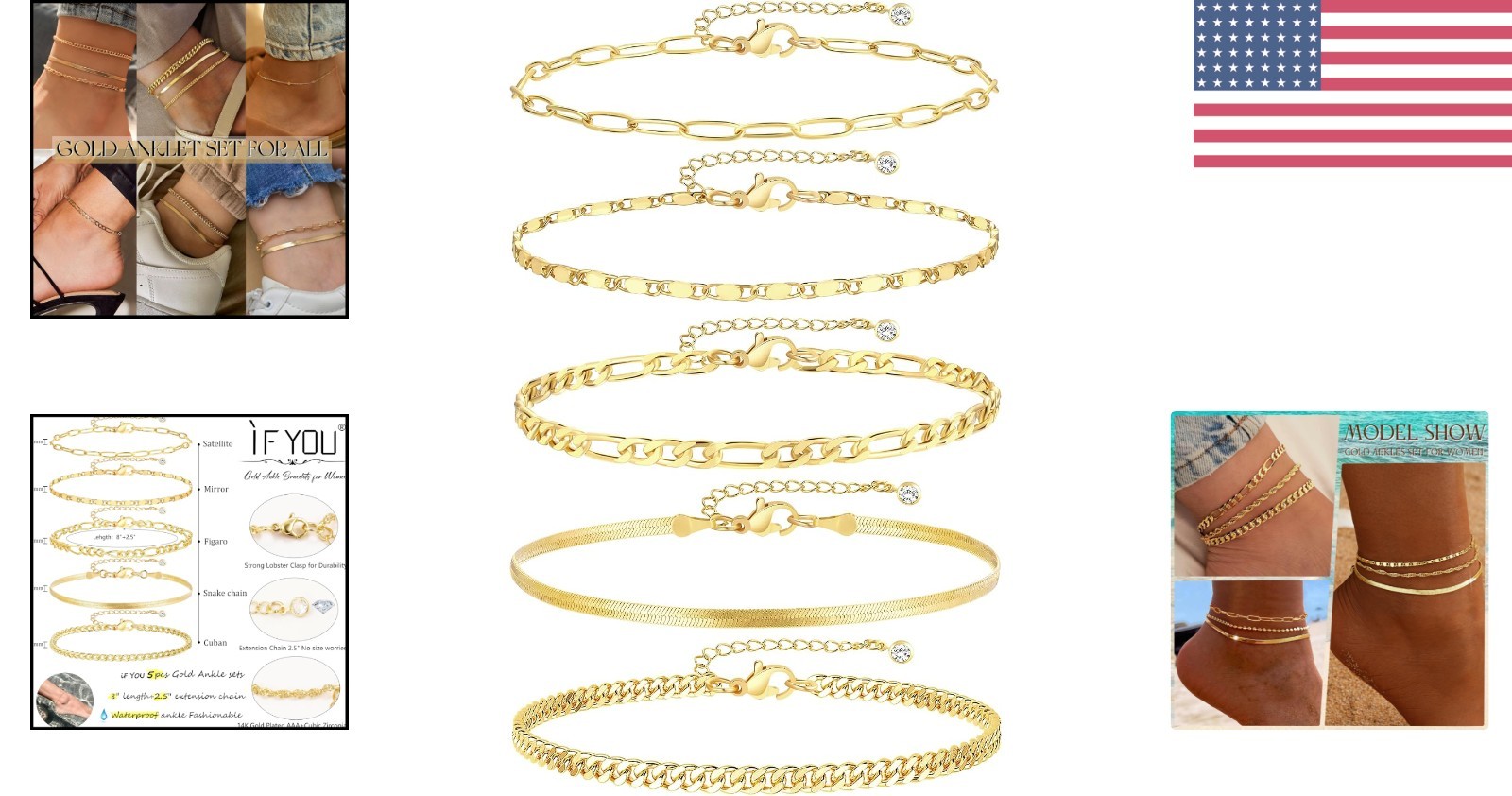 Exquisite 4k Gold Plated Cuban Link Ankle Bracelets Set – Adjustable 5pcs