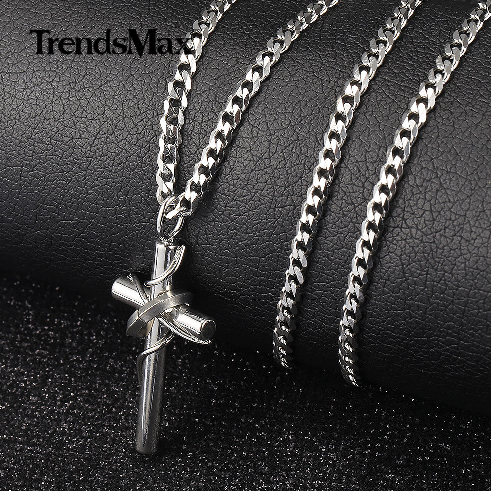 Silver Stainless Steel Jesus Christ Vine Cross Pendant Necklace Men Women Chain