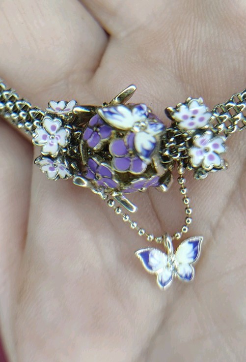 WOSTU 925 Sterling Silver Mystic Purple Flower Butterfly Charm Mesh Bracelet Set