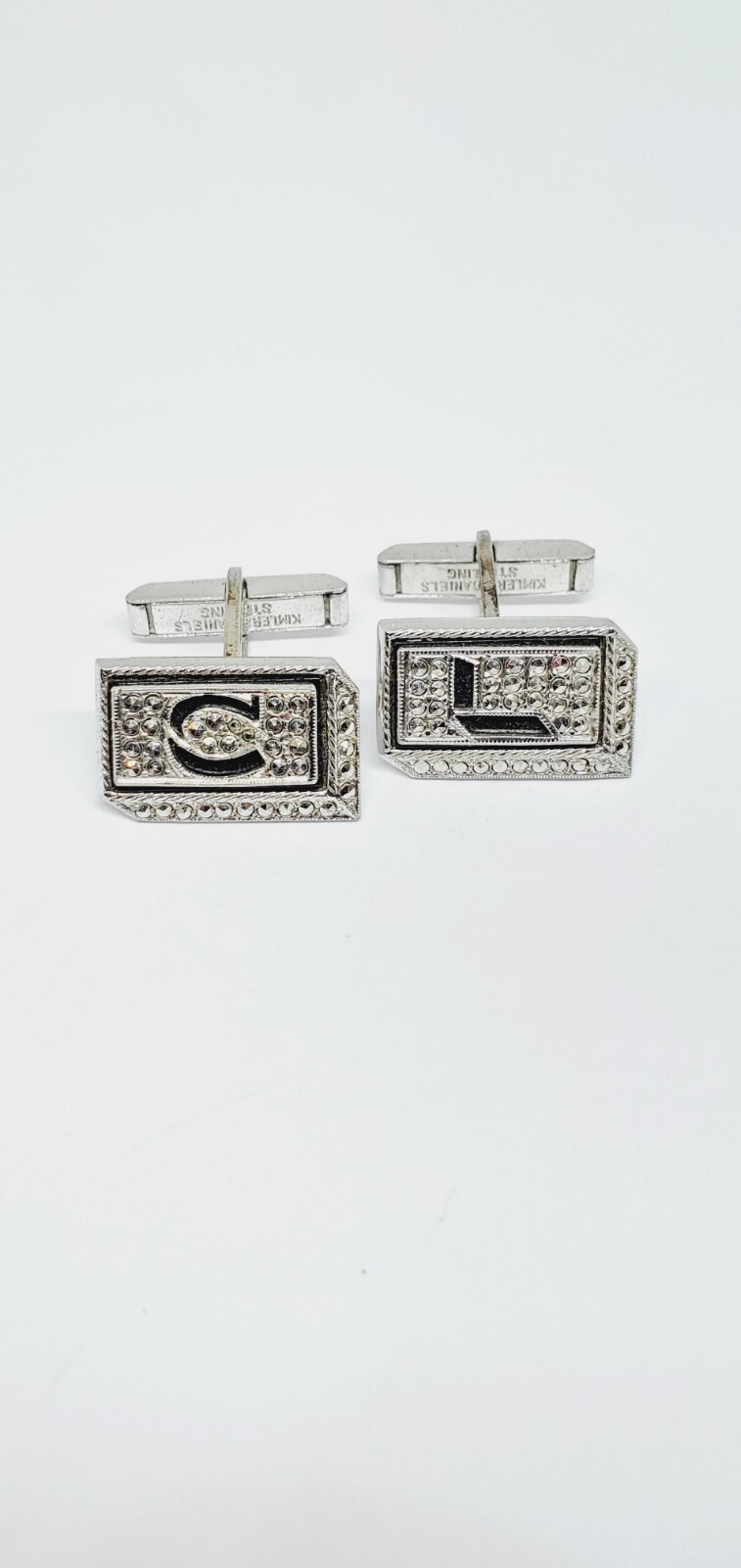 Vintage Sterling Silver KIMLER & DANIELS Marcasite Cufflinks & Tie Bar Clip (51)