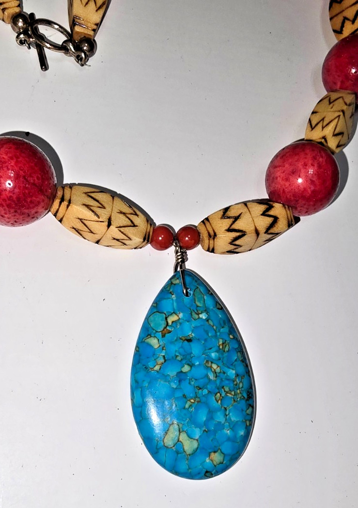 Artisan Handmade Turquoise Pendant Necklace Coral Wood Tribal Boho Southwest