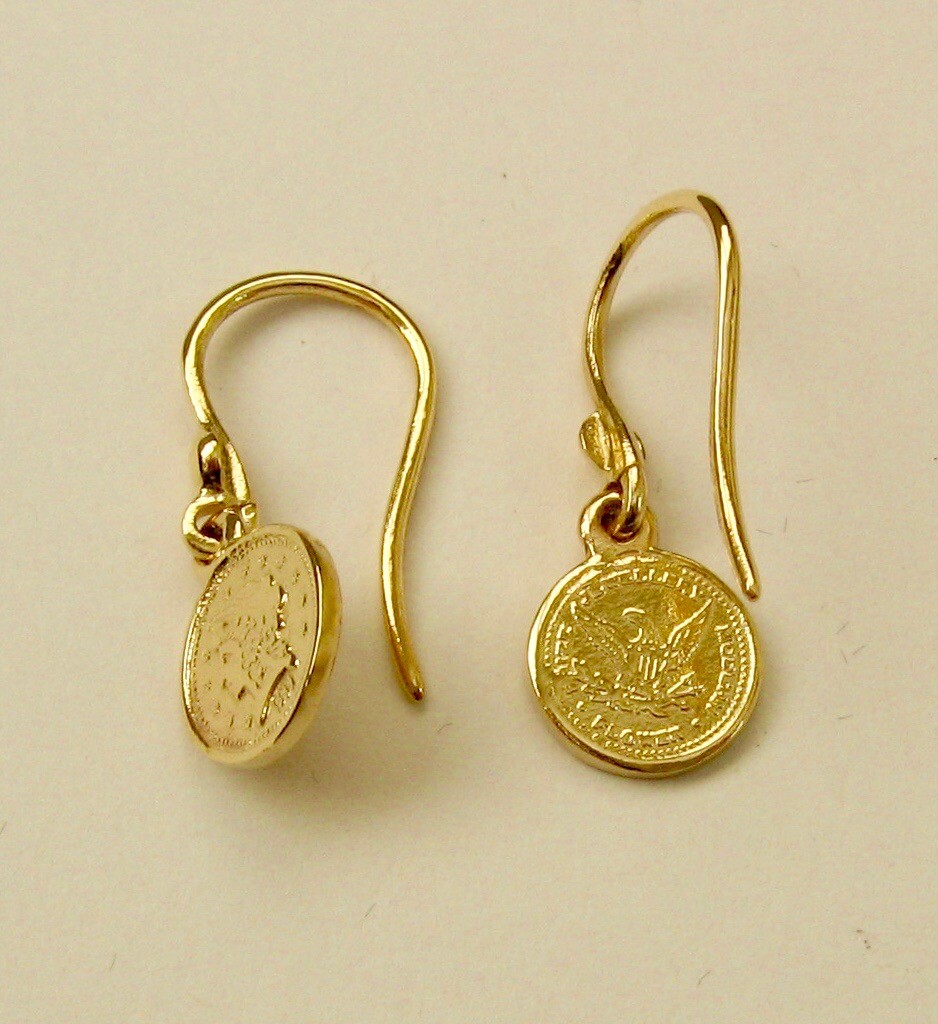 GENUINE SOLID 9K 9ct YELLOW GOLD SMALL 1899 COIN DANGLE HOOK EARRINGS