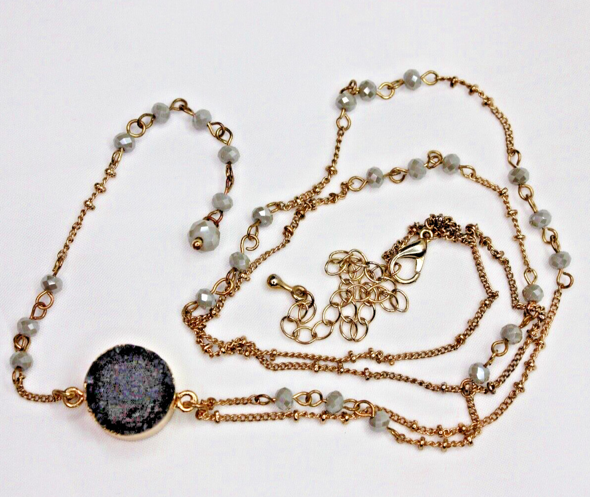 Gold Tone Charcoal Gray Druzy Y Drop Pendant Necklace 27″ Crystal Beaded Chain