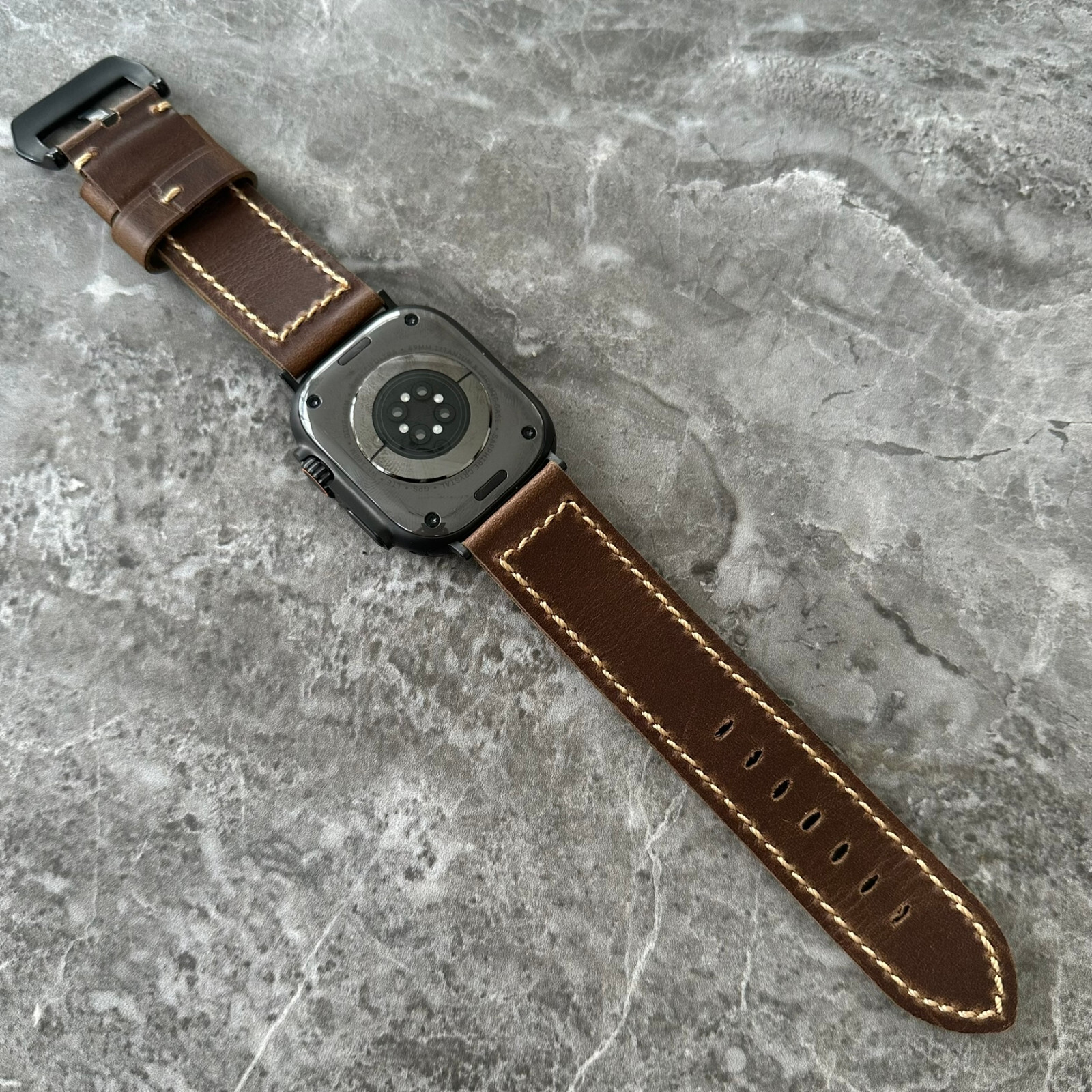 Premium Leather Thick Dark Brown Watch Strap For Black Apple Watch Ultra 49mm