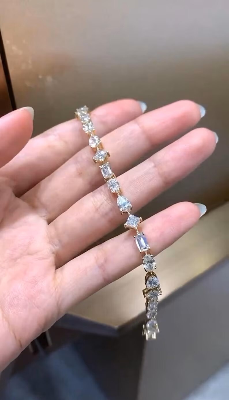 Multi Shape Link Chain Bracelet 925 Silver Lab created Moissanite gift Bracelet