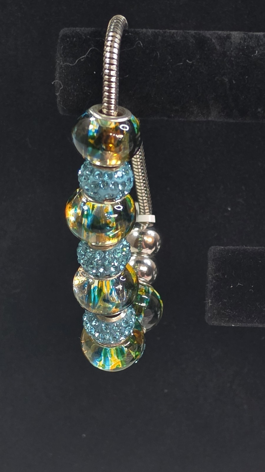 Silver Tone Snake Chain Magnetic Clasp Beaded European Charm Bracelet Blue 8in
