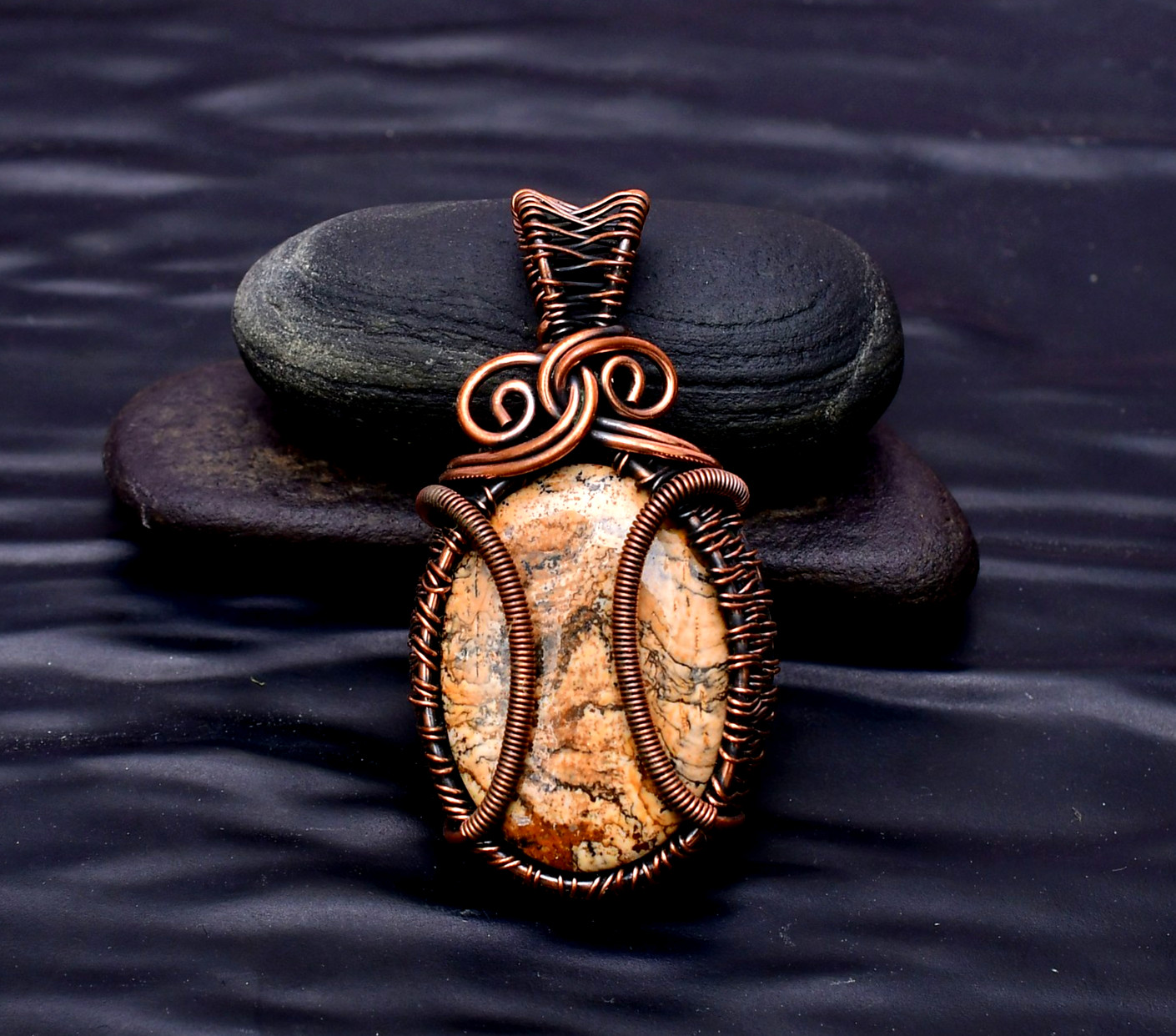 Picture Jasper Gemstone copper wire wrapped Handmade pendant Jewelry 2.16″