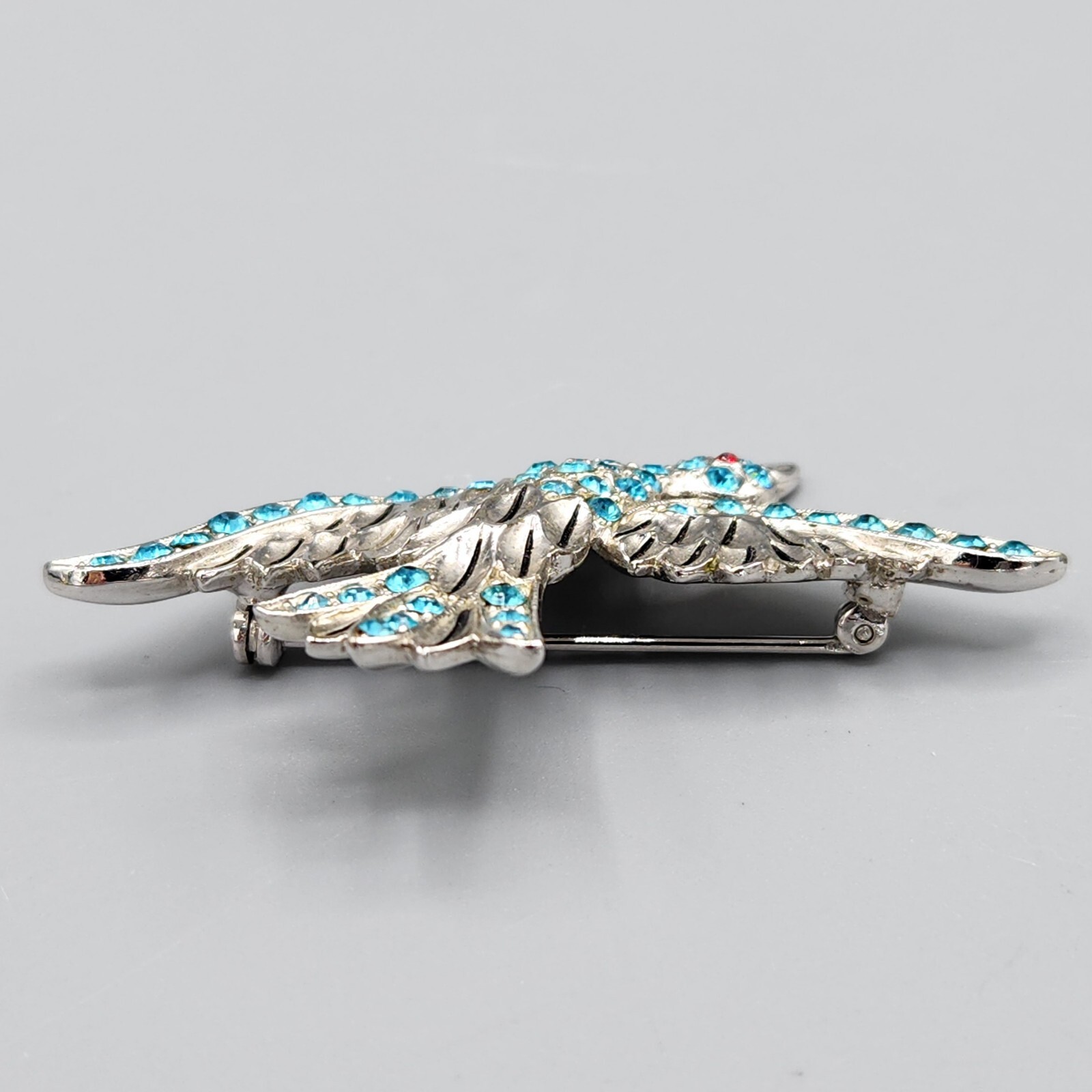 Vintage Retro Ora Signed Figural Blue Rhinestone Rhodium Plate Bird Brooch