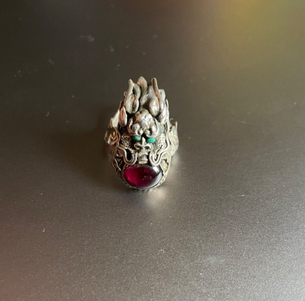 handmade 800 silver ring, bali, dragon, carnelian and turquoise, size 7, 6.00 g