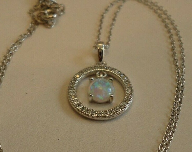 OPEN ROUND CIRCLE NECKLACE PENDANT W/LAB DIAMONDS & OPAL / 925 STERLING SILVER