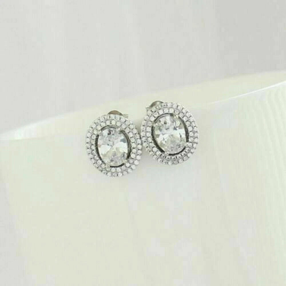 2.25Ct Oval Cut Simulated Diamond Double Halo Stud Earring 14K White Gold Plated