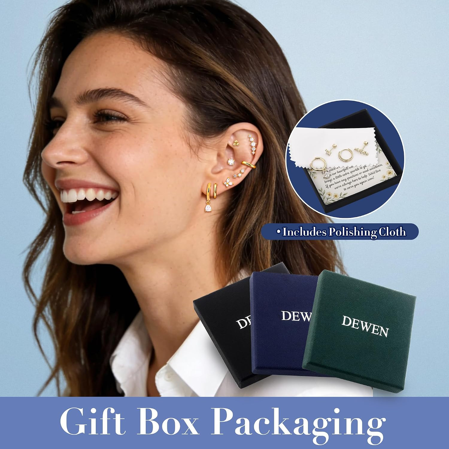 Hypoallergenic Flat Back Earrings Set for Women | Cartilage Earrings Stacks | 14