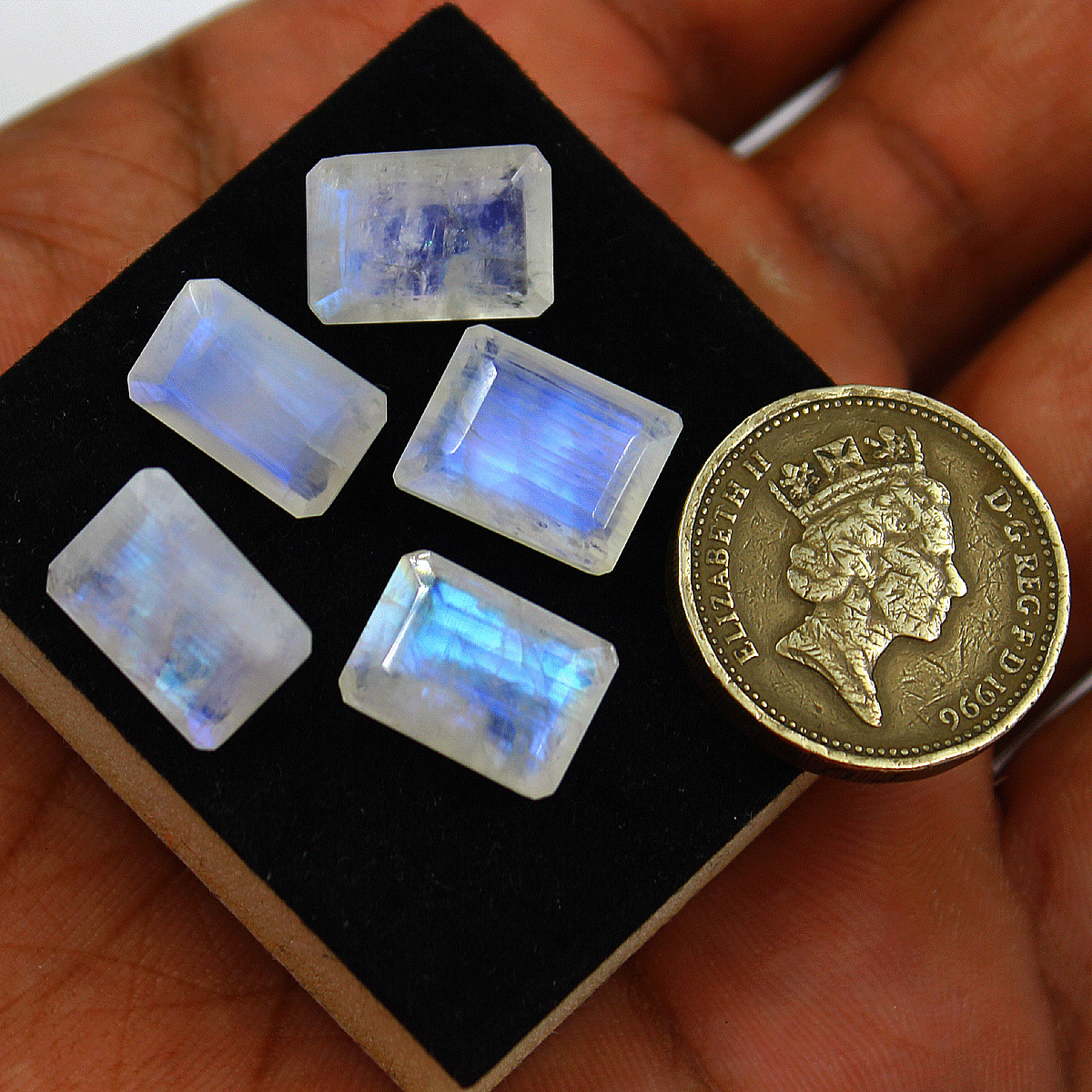 5 Pcs Natural Rainbow Moonstone Top Quality 13-13.7mm Baguette Cut Gemstones Lot