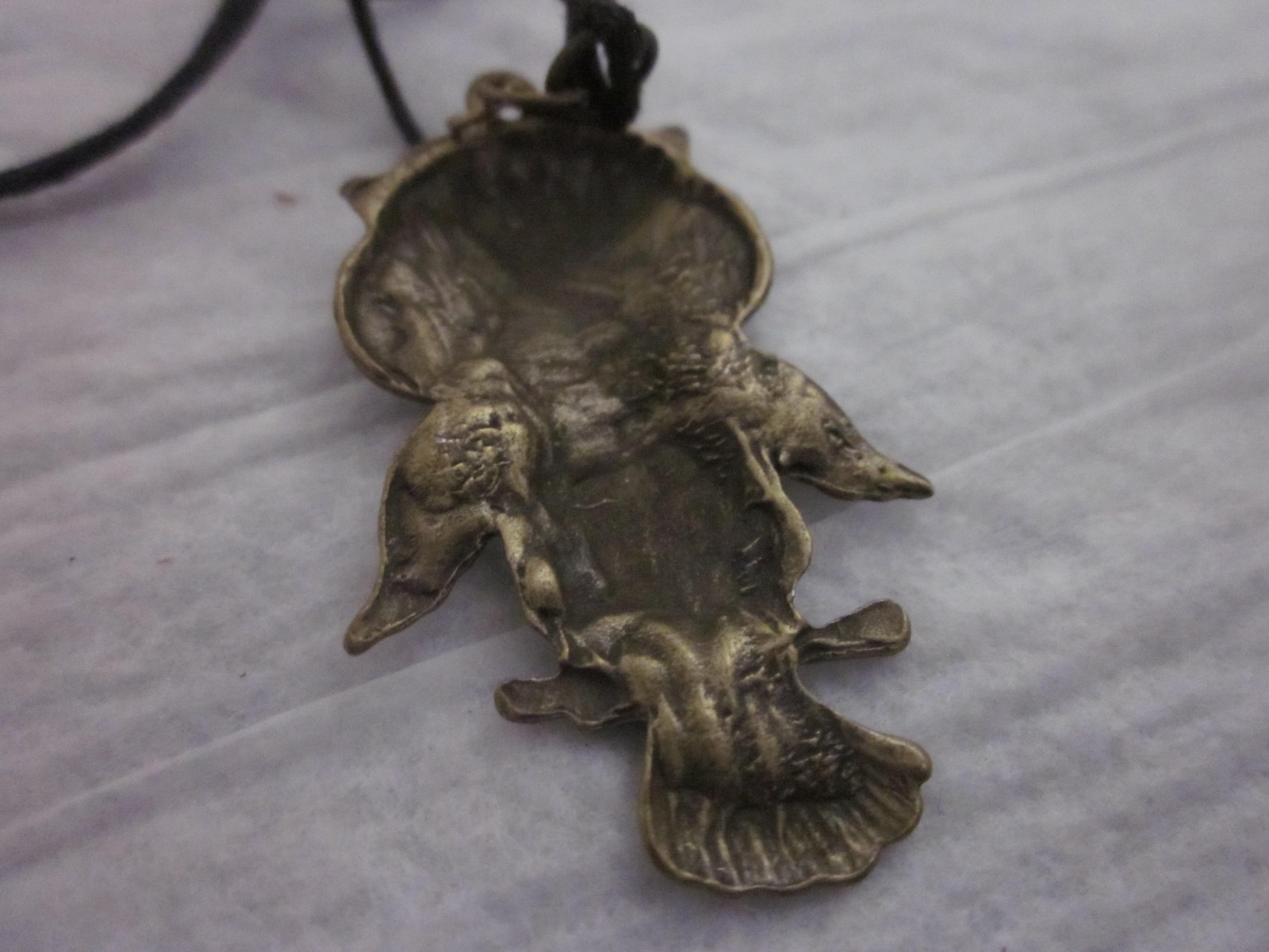 Stamped brasstone metal Owl pendant black cord necklace approx 30″ adjustable
