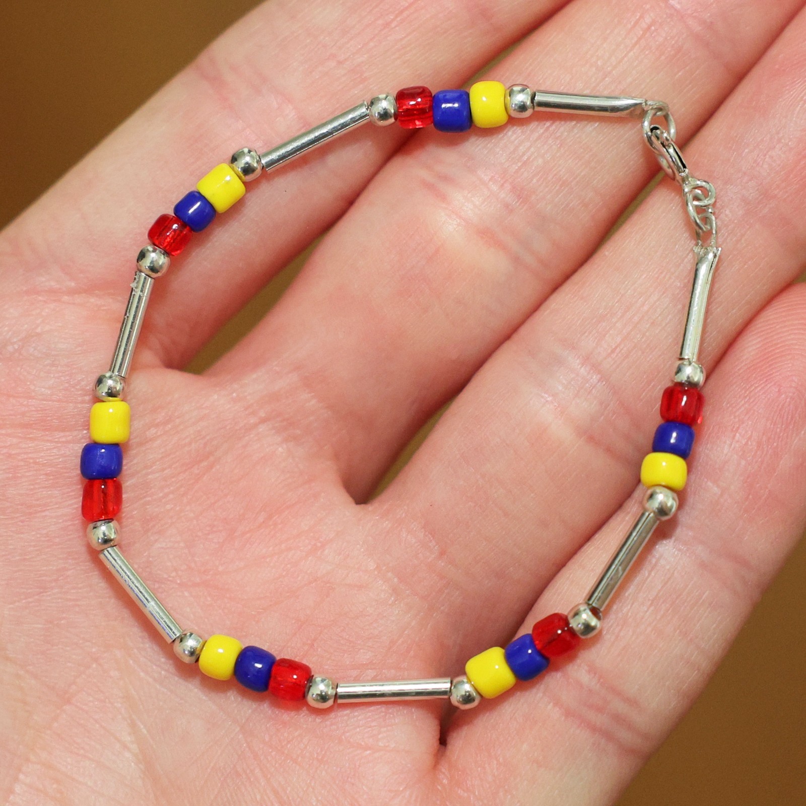925 Sterling Silver 6.75″ Red/Blue/Yellow Beaded Venezuela Colombia Bracelet 🔥
