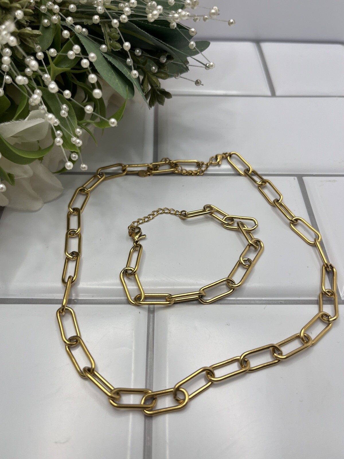 Women Girl Stailess Steel Gold tone Paper Clip Link Chain Necklase