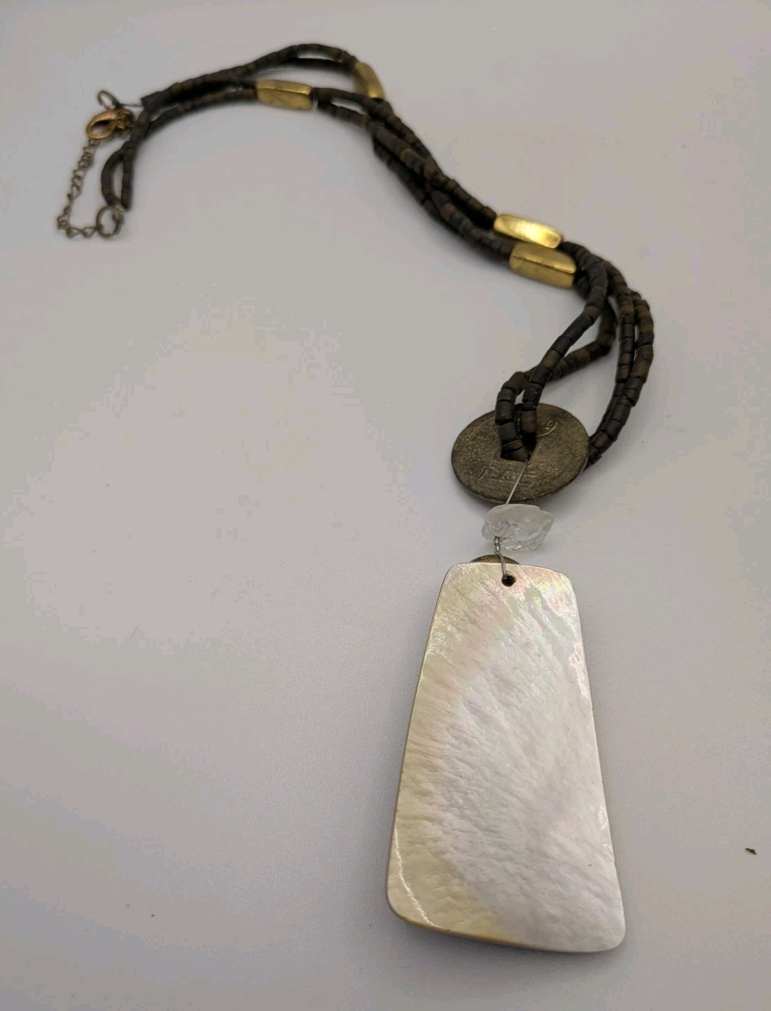 Multi-Strand Brown Beaded Necklace Trapezoid Shell Pendant Quartz/Brass/Coin