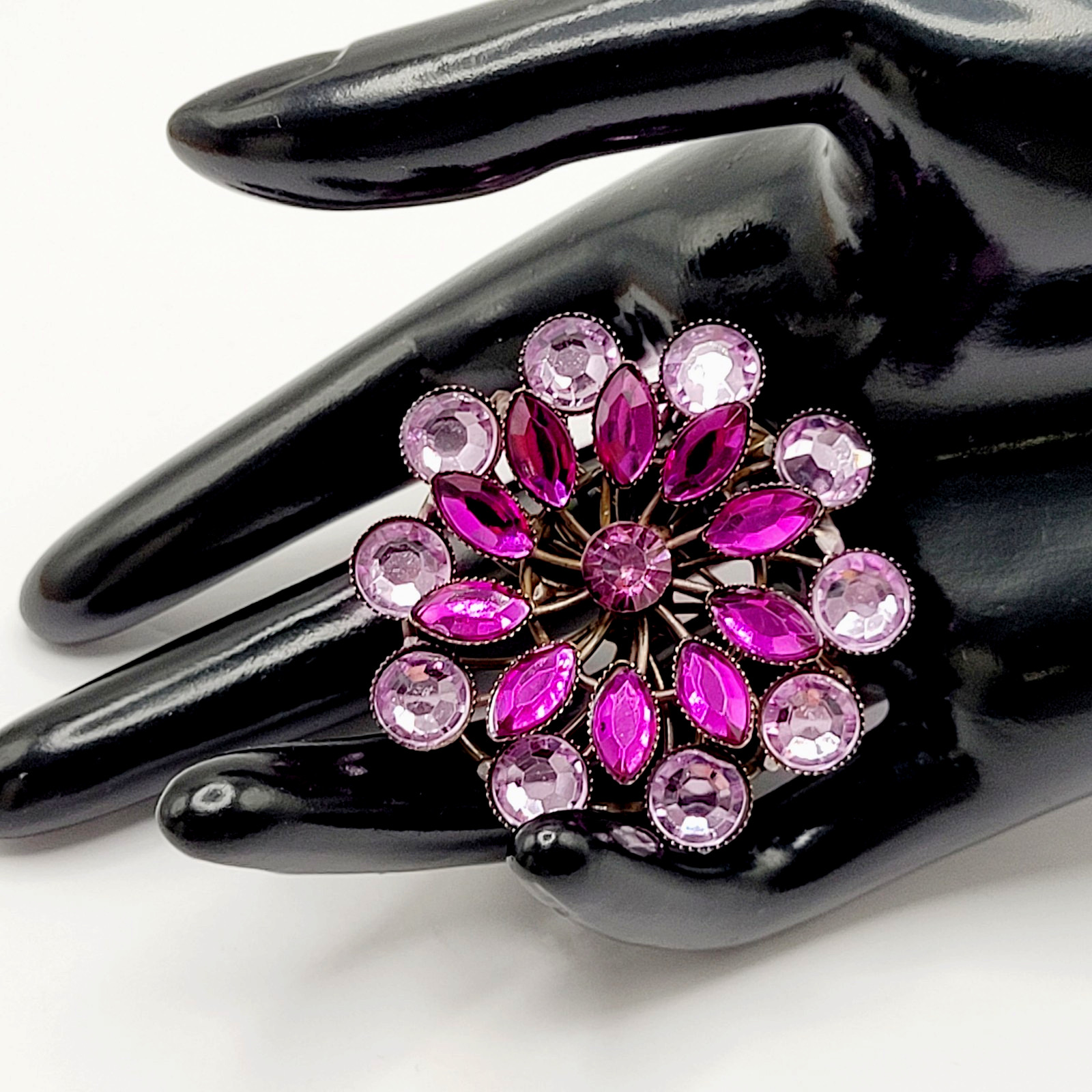 Purple Shades Floral Design Faceted Glass Rhinestone Metal Costume Brooch Pin