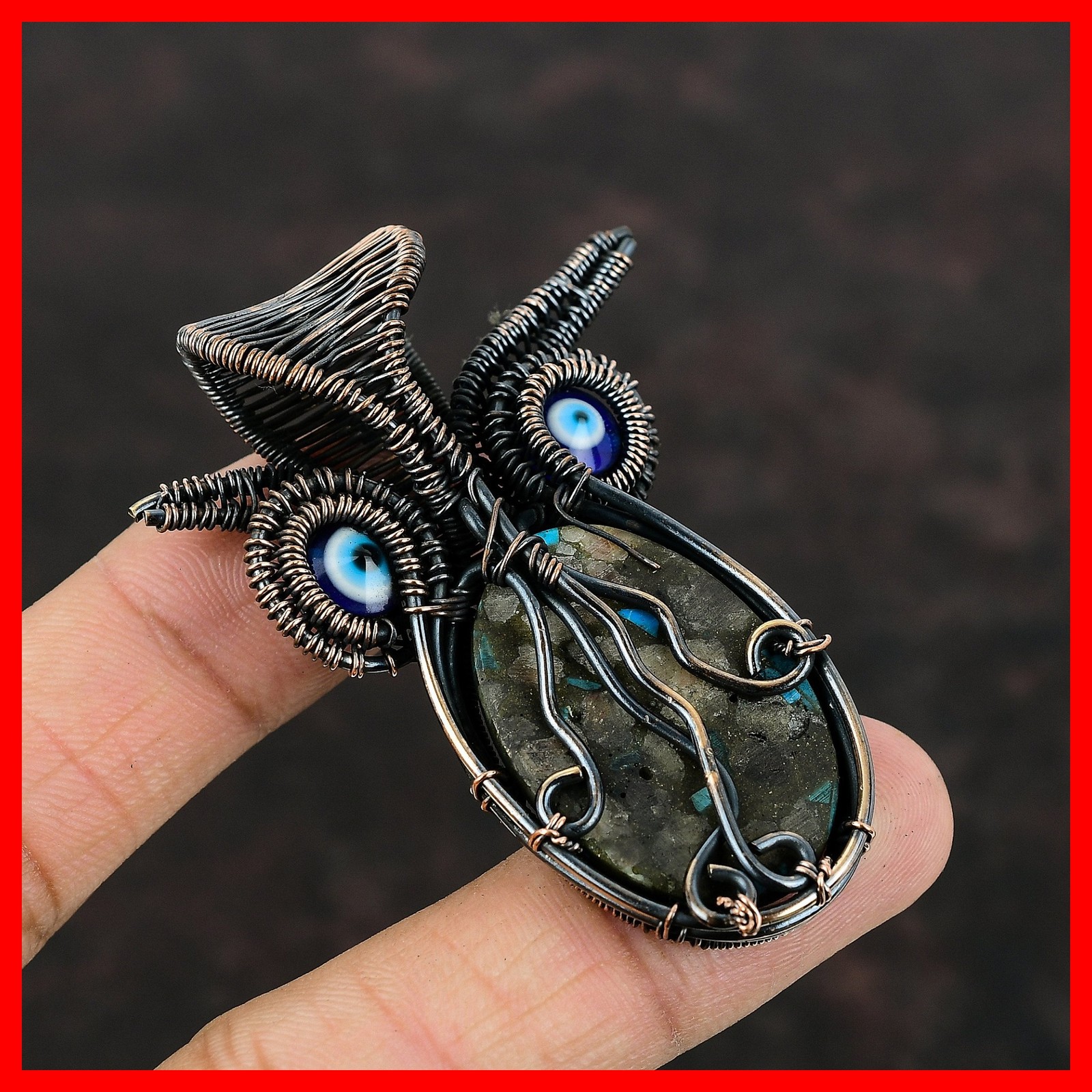 Pink Opal Copper Turquoise Gemstone Blue Color Evil Eye Pendant Jewelry Copper
