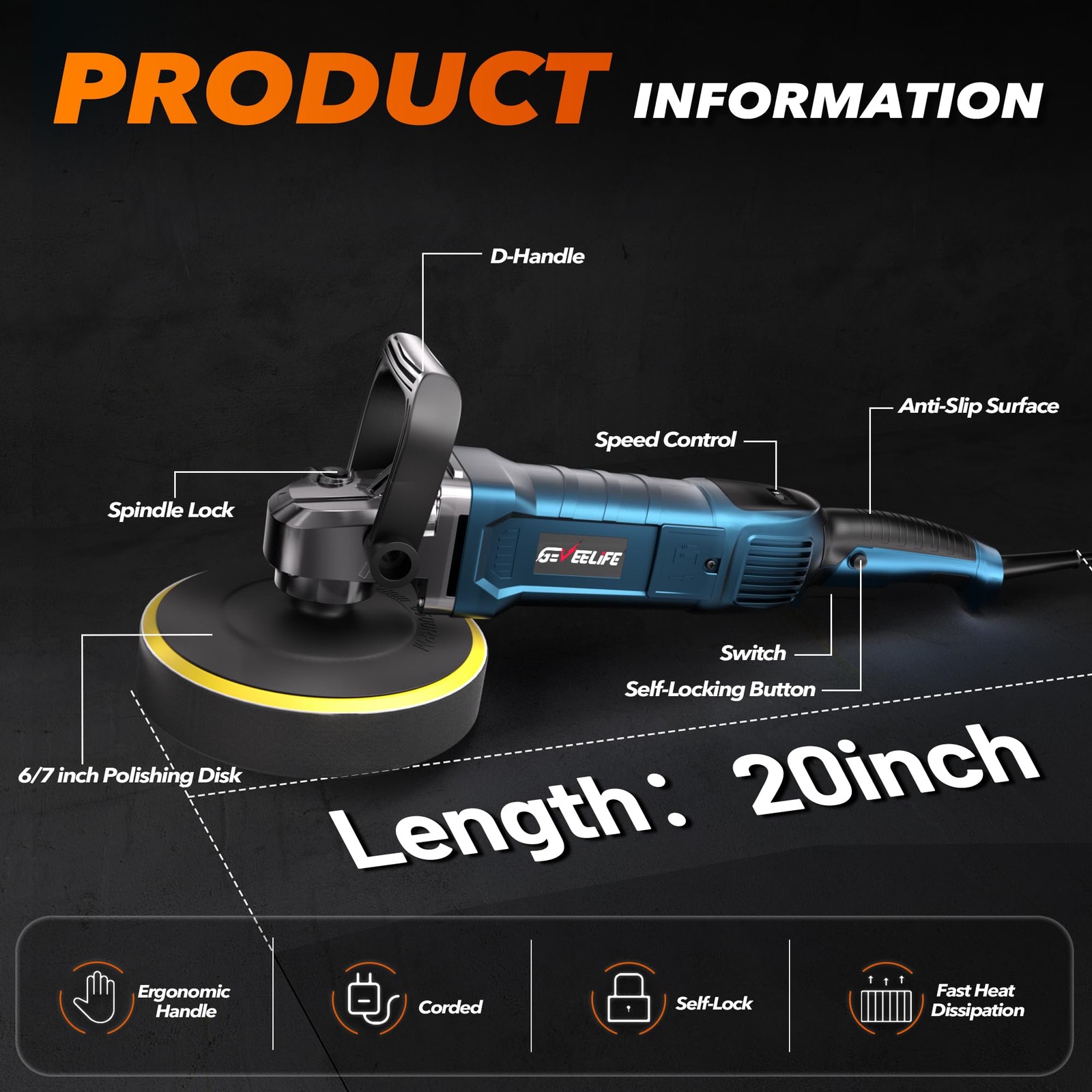 GEVEELIFE 1600W Rotary Car Buffer Polisher 6/7in 7-Speed 1000-3500 RPM